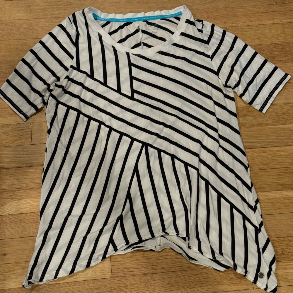 Calvin Klein Performance White Black Striped Asymmetrical Knit Top XL